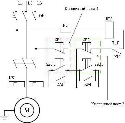 Il circuito di collegamento dell'attuatore magnetico attraverso la stazione pulsante in due pulsanti "Start" e "Stop". istruzione